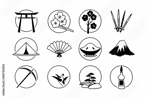 A set of twelve Japanese culture icons in black and white