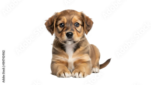 Cute brown and white puppy dog lying down, isolated on transparent background, adorable pet.