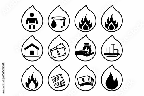 Collection of financial and retirement icons in droplet shapes