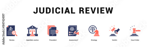 Judicial Review Modern and clean web banner illustration featuring thematic icons for visual communication