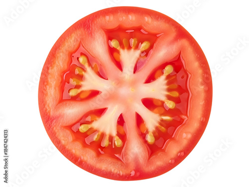 Fresh red tomato slice with seeds isolated on transparent background, healthy food ingredient.