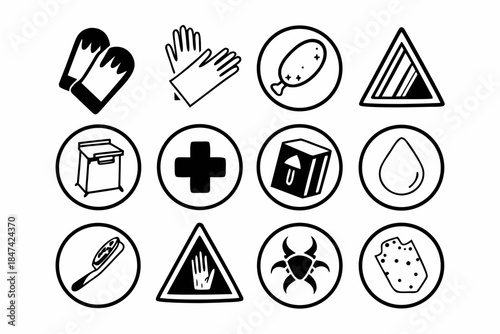 Set of 12 hygiene and safety icons for food and health