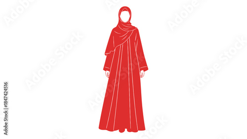 Traditional Islamic Red Abaya Dress with Hijab and Scarf