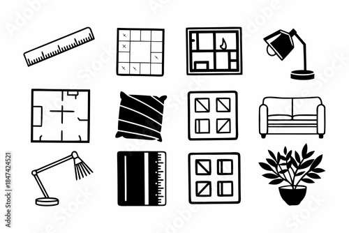 Set of interior design icons for home decoration and planning
