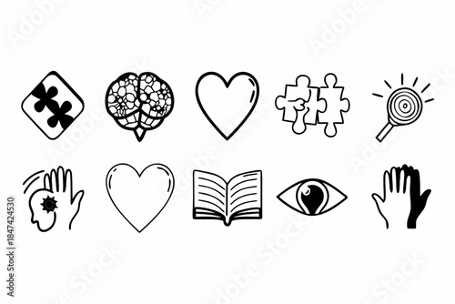 Set of neurodivergence support icons featuring brain heart puzzle book eye
