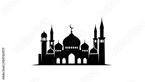 Silhouette of a traditional mosque with minarets and domes, representing Islamic architecture and religious structures
