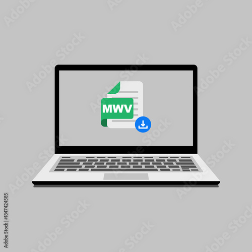 Vector illustration of a digital file downloading to a laptop screen, depicting efficient online data transfer and computing technology