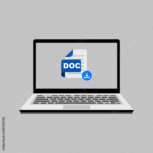 Digital document download concept on a modern laptop screen, illustrating the process of transferring word files to a computer device for storage and access