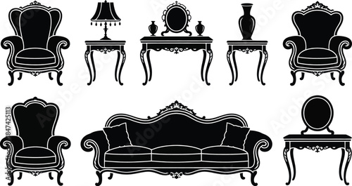 Collection of antique furniture silhouettes including ornate chairs and tables providing classic interior design elements for branding.