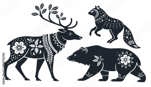 Wild animals with floral patterns in black and white