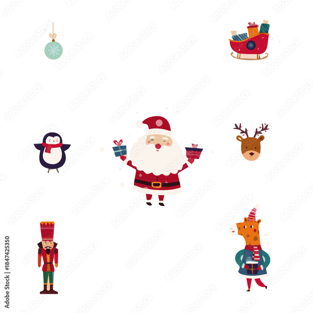 Fototapeta premium Holiday cheer illustrations: Delightful illustrations bring holiday spirit with Santa, reindeer and other festive characters.