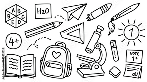 A playful assortment of hand drawn school supplies and science symbols on a white background