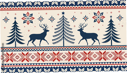 Vibrant winter scene with reindeer and snowflakes in festive pattern
