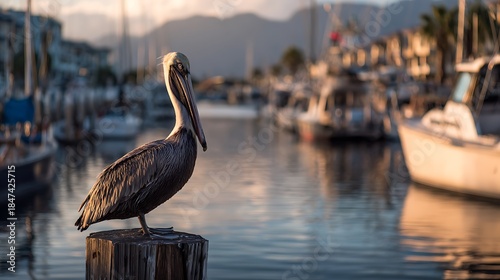 A brown wild pelican with detailed feathers sits on a wooden pier near the ocean water in Florida, showcasing its large beak amidst the natural coastal wildlife of the beach
