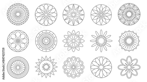 A set of intricate geometric circular line art patterns showcasing symmetrical and radial designs