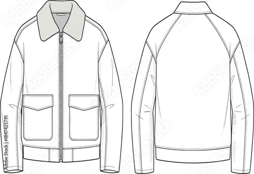 Zip-up jacket fashion sketch, front back view layout, flap pocket garment template, raglan sleeve design, flat vector illustration