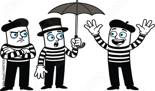 Three expressive mime characters in striped outfits, showing emotions with gestures, black berets, umbrella prop, flat vector illustration
