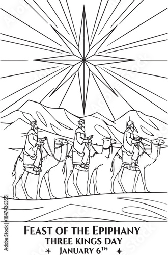 Black and white vector illustration of Three Kings on camels under star for Epiphany, January 6th