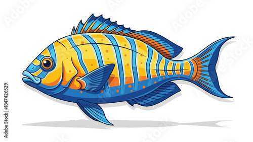 Vibrant aquatic creature swimming gracefully with striking blue and yellow striped scales an eye-catching marine illustration perfect for diverse