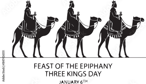 Black and white vector illustration of Three Kings on camels with gifts for Epiphany, January 6th