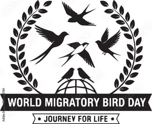 Black and white vector illustration of birds with globe and laurel wreath for World Migratory Bird Day