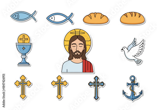 Christian faith symbols set with Jesus, cross, fish, bread and dove