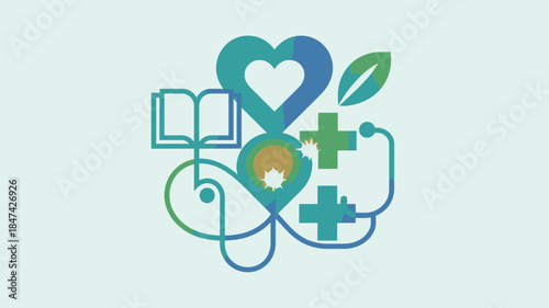 Abstract colorful icons representing health, nature, and medical care on a light blue background