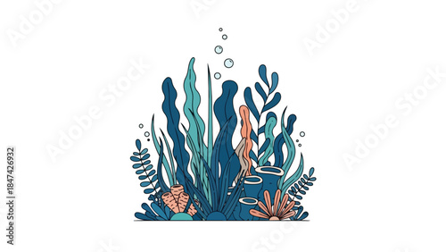Lively undersea garden illustration with diverse aquatic flora and coral formations