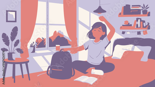 A young girl sits on her bed with a backpack and open book bathed in sunlight from the window