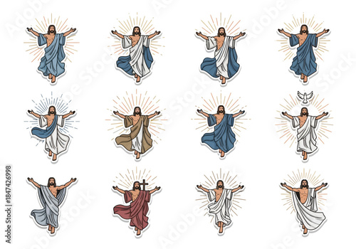 Risen Christ Figures Collection with Religious Symbols and Light Rays