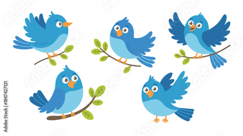 Adorable cartoon blue birds with joyful expressions perched on branches and in flight