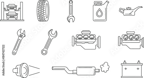 A collection of various tools and equipment technical drawings