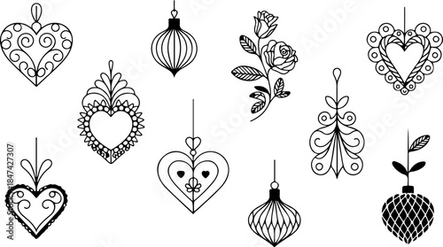 A collection of hand-drawn vector elements including hearts, ornaments, and floral designs
