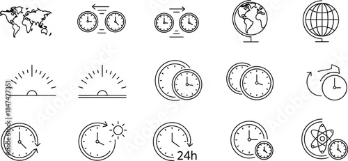 Collection of various clock and time icons in black and white