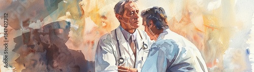 A watercolor painting of a compassionate doctor examining a patient, emphasizing the importance of bedside manner and patient care
