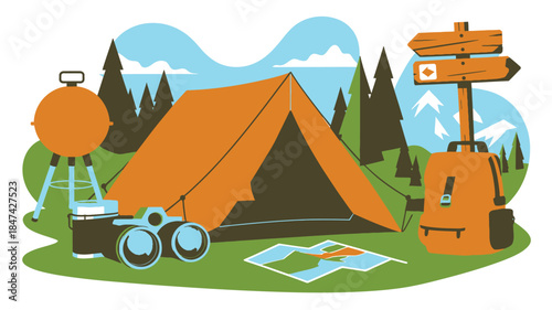 An illustration of a serene camping ground featuring a tent, barbecue grill, backpack, camera, and map