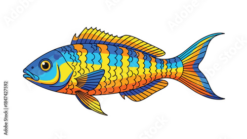 Vibrant blue yellow and orange striped fish illustration capturing lively aquatic beauty