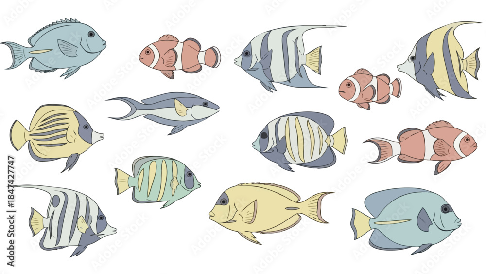Obraz premium A delightful and colorful array of various tropical fish species swimming together against a clean white background an appealing visual resource for