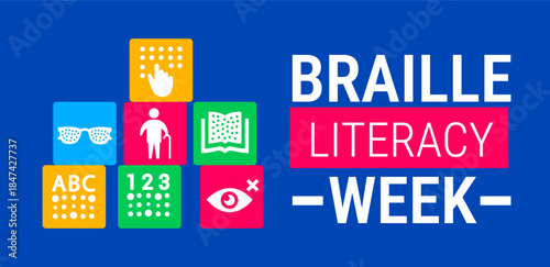 Braille Literacy Week background, banner, card or poster design template is observed every year during January, to raise awareness about the mission. Vector illustration.