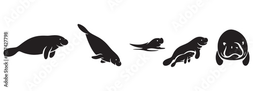 Manatee Silhouette Set – Sea Cow Swimming, Diving and Face Icon