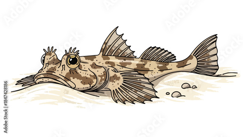 Captivating vector illustration of a unique camouflaged bottom-dwelling fish resting serenely on the ocean floor depicting marine life tranquility