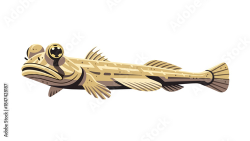 Captivating digital illustration of a distinctive goby-like fish with prominent eyes and unique fin structure on white