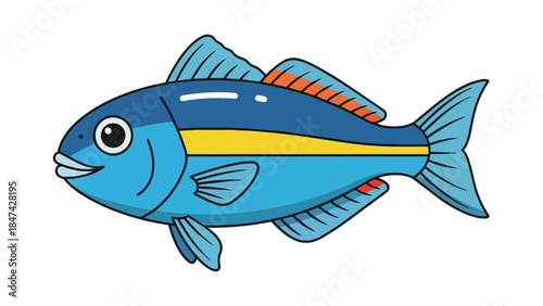 Vibrant blue cartoon fish with a cheerful expression and a distinctive yellow stripe, swimming playfully against a pristine white background for