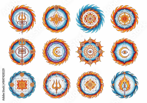 Mystical Eye and Trident Icons Spiritual Symbolism in Round Design