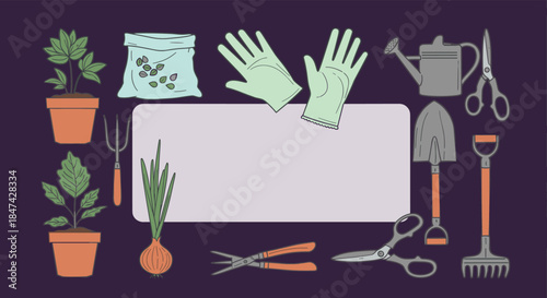 Essential gardening tools, potted plants, seeds, and fresh vegetables neatly arranged around a central blank frame for your text.