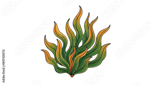 Vibrant green and golden orange stylized botanical illustration featuring dynamic flowing organic leaves resembling lush aquatic flora or an