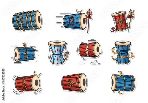 Collection of Damru Drums with Hindu Symbols and Artistic Variations