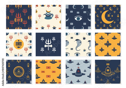 Hindu God Shiva Symbols Seamless Pattern Designs for Decorative Backgrounds