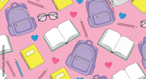 Cute hand-drawn seamless pattern of school supplies, including purple backpacks, open books, yellow notebooks, pencils, and hearts, on a pink background.