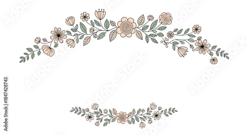 Hand-drawn pastel floral borders featuring delicate flowers and leafy branches, perfect for elegant wedding invitations, greeting cards, or decorative design elements.
